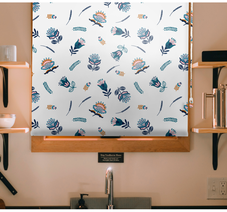 Blauw volkskunstmotief rolgordijn bloemen - TenStickers