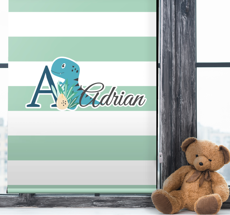 Gestreepte dinosaurus met naam rolgordijn kinderkamer - TenStickers