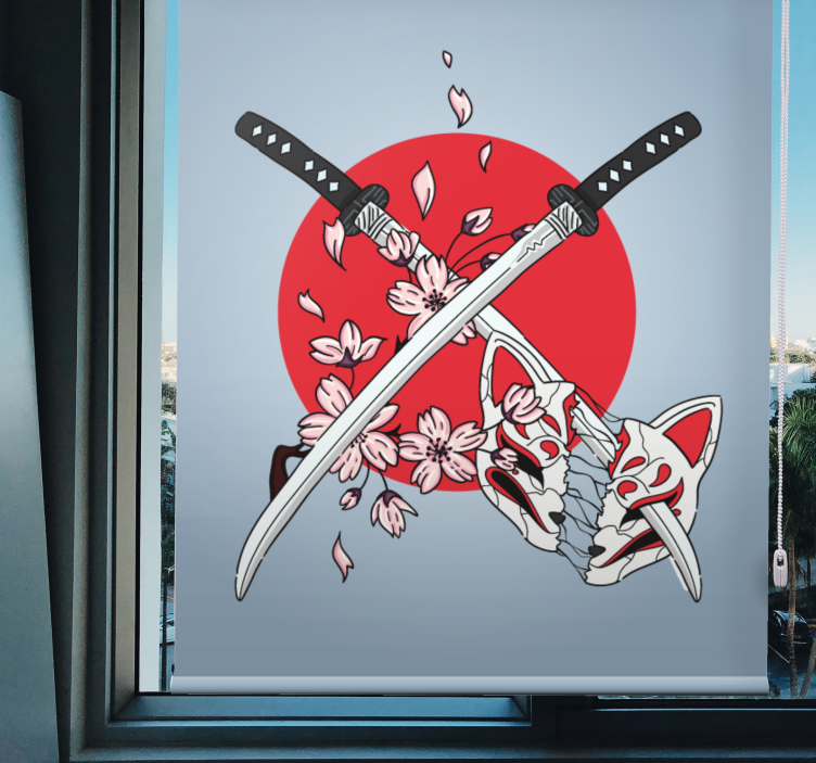 Originele rolgordijnen Japanse zwaarden met bloemen - TenStickers