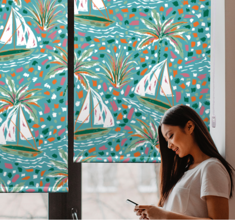 Zeilboten en palmen rolgordijn bloemen - TenStickers