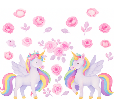 Roze eenhoorn en bloemen rolgordijn kinderkamer - TenStickers