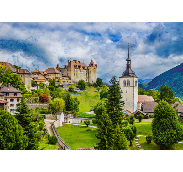 Rolgordijn woonkamer middeleeuwse stad in gruyères - TenStickers