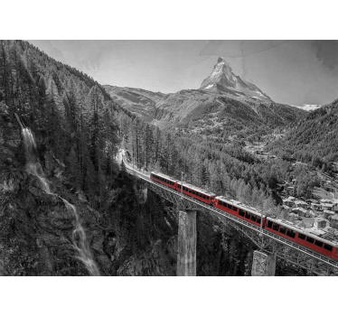 Rolgordijn woonkamer rode trein op brug met matterhorn - TenStickers