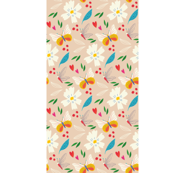 Beige bloemenpatroon raambekleding vlinders - TenStickers