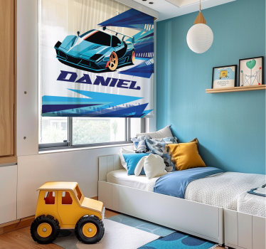 Blauwe raceauto rolgordijn gepersonaliseerd - TenStickers