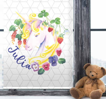 Bloemen eenhoorn met naam rolgordijn kinderkamer - TenStickers