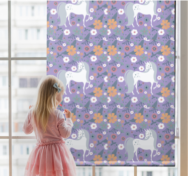 Paarse eenhoorns en bloemen rolgordijn kinderkamer - TenStickers