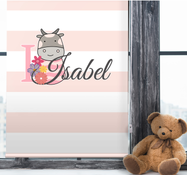 Koe met bloemen en naam rolgordijn kinderkamer - TenStickers