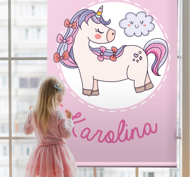 Babykamer rolgordijn met roze eenhoorn met naam - TenStickers