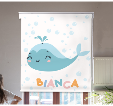 Babykamer rolgordijn met gelukkige walvis met naam - TenStickers