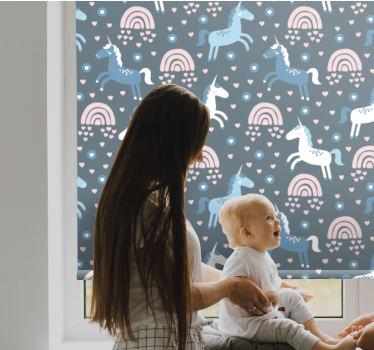 Rolgordijn kinderkamer blauwe eenhoorns en regenbogen - TenStickers
