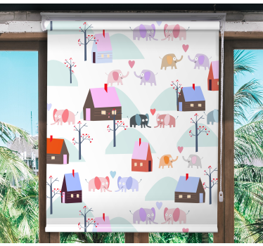 Olifanten en huizen rolgordijn kinderkamer - TenStickers