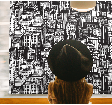 Overzicht van de skyline van de stad rolgordijn wereldmap - TenStickers