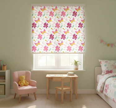 Rolgordijn kinderkamer bloemenvlinders roze en geel - TenStickers