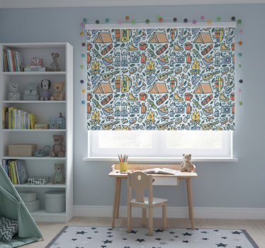 Rolgordijn kinderkamer handgetekende bergen en kampeerspullen - TenStickers