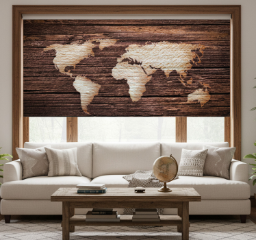Rolgordijn woonkamer houten bruine wereldkaart - TenStickers