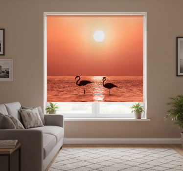 Rolgordijn woonkamer mooie flamingo met zonsondergang - TenStickers