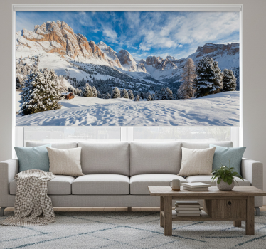 Rolgordijn woonkamer sneeuwachtige berglandschap fotobehang - TenStickers