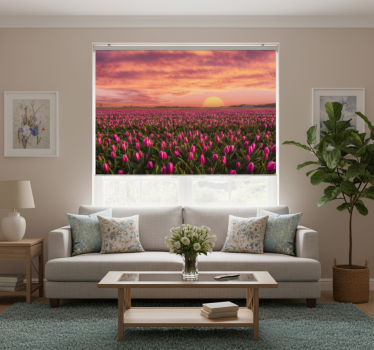 Rolgordijn woonkamer sunrise en tulpen - TenStickers