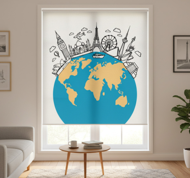 Rolgordijn woonkamer wereldkaart bezienswaardigheden iconen - TenStickers