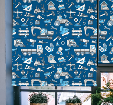 Rolgordijn kinderkamer Witte graafmachines op blauw - TenStickers