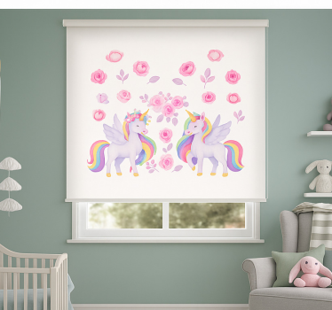 Roze eenhoorn en bloemen rolgordijn kinderkamer - TenStickers