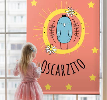 Blauwe vogel met naam rolgordijn kinderkamer - TenStickers