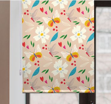 Beige bloemenpatroon raambekleding vlinders - TenStickers