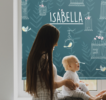 Blauwe vogelkooien met naam rolgordijn kinderkamer - TenStickers