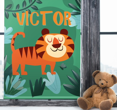 Blije tijger met naam rolgordijn kinderkamer - TenStickers