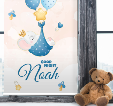 Welterusten olifant met naam babykamer rolgordijn - TenStickers