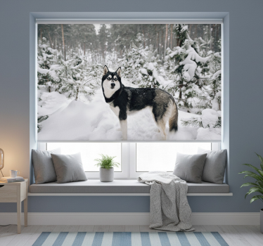 Wit rolgordijn winterbos en huskyhond - TenStickers