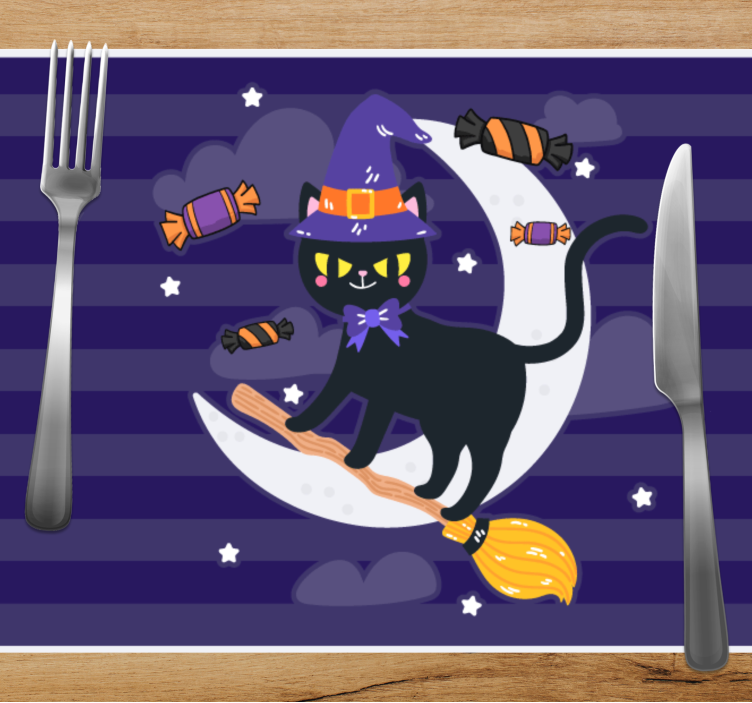 Halloween placemat heksenkat op bezemstok - TenStickers