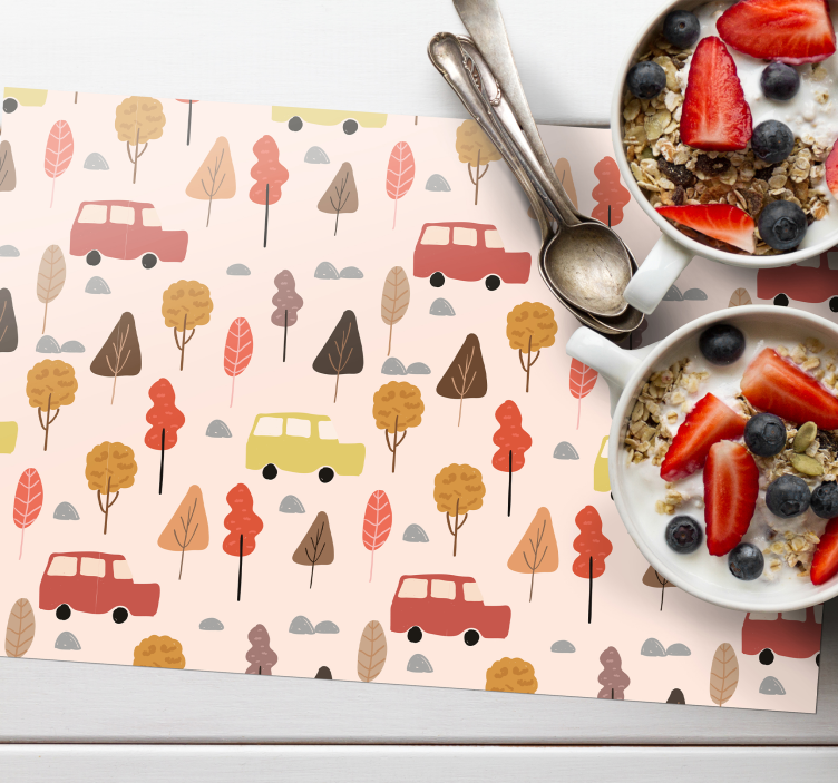 Kinder placemat kleurrijke auto bomen - TenStickers