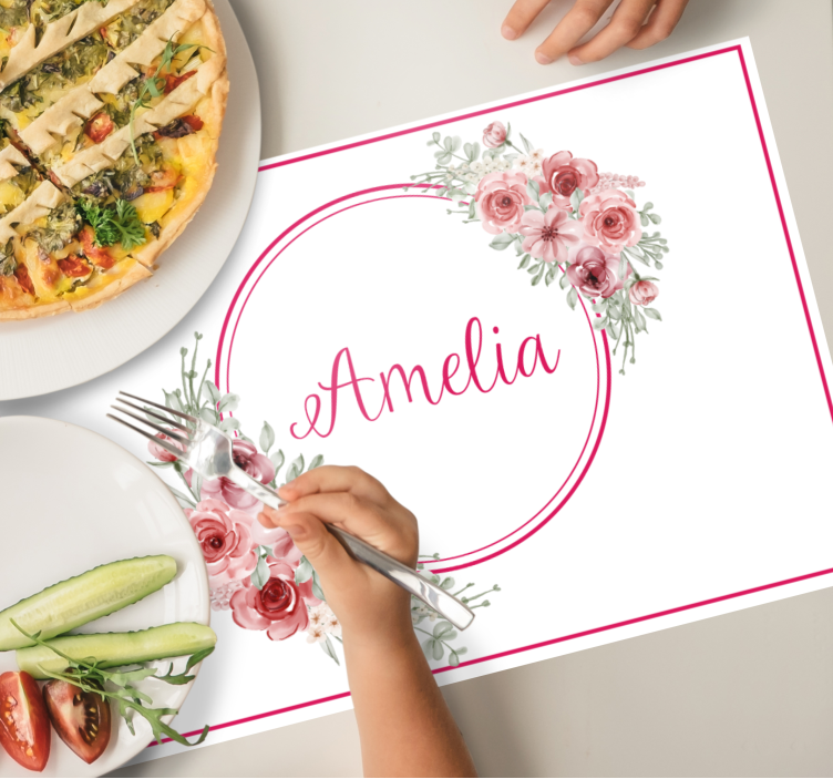 Placemat met naam Roze bloemen op witte achtergrond - TenStickers