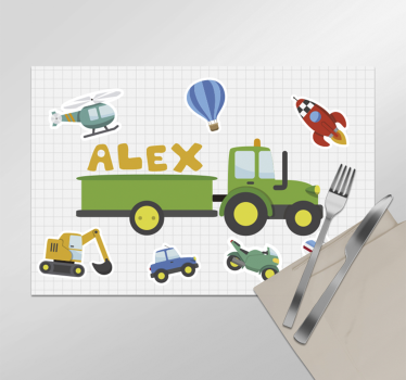 Verschillende cartoon voertuigen placemat naam - TenStickers