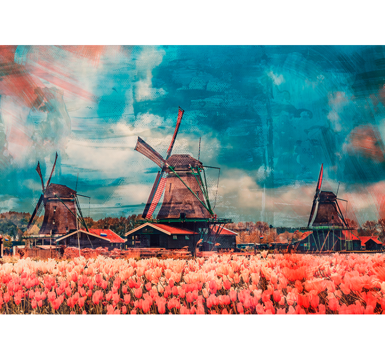 Tulpenvelden en windmolens fotobehang stad - TenStickers