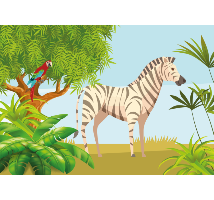 Foto behang dieren zebra en papegaai scene - TenStickers