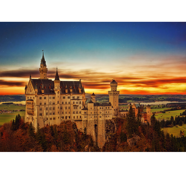 Zonsondergang kasteel neuschwanstein fotobehang stad - TenStickers