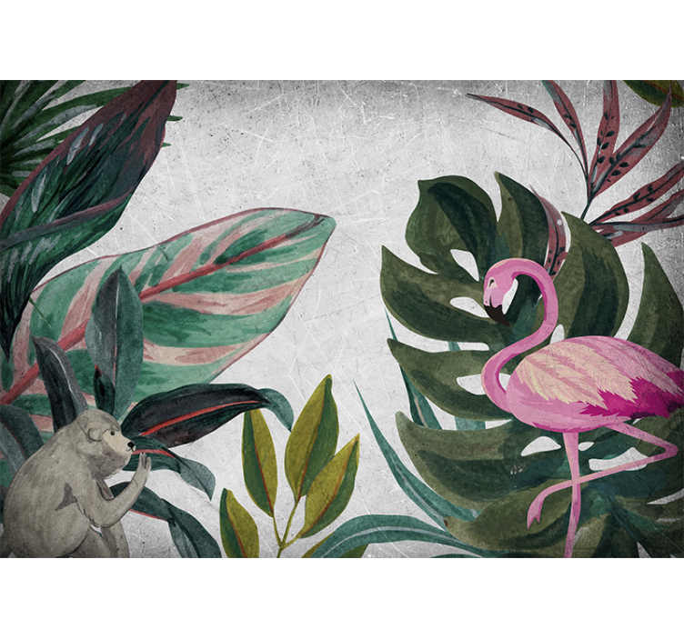 Foto behang jungle flamingo en aap - TenStickers