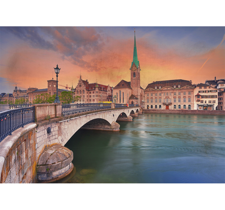 Fotobehang stad zürichbrug zonsondergang - TenStickers