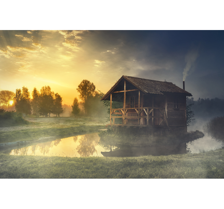 Fototapet landschap serene cabin zonsondergang - TenStickers