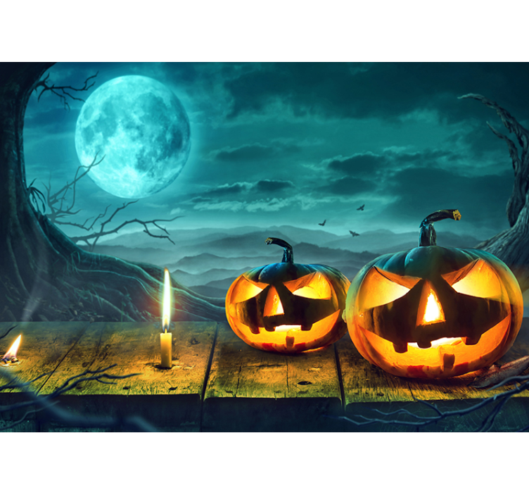 Fotobehang halloween stralende pompoengezichten - TenStickers