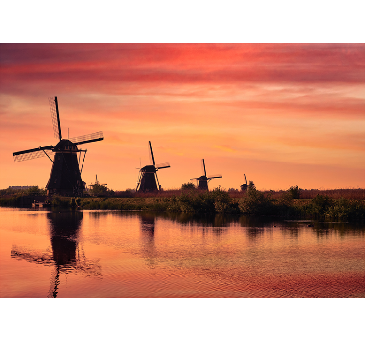 Windmolens bij zonsondergang fotobehang stad - TenStickers