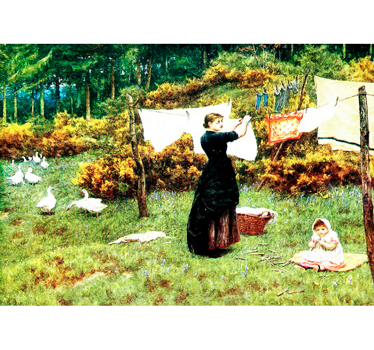 Vrouw hangt wasgoed op fotobehang klassiek - TenStickers