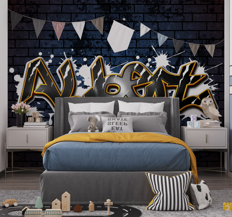 Bakstenen muur met naam Fotobehang tienerkamer - TenStickers