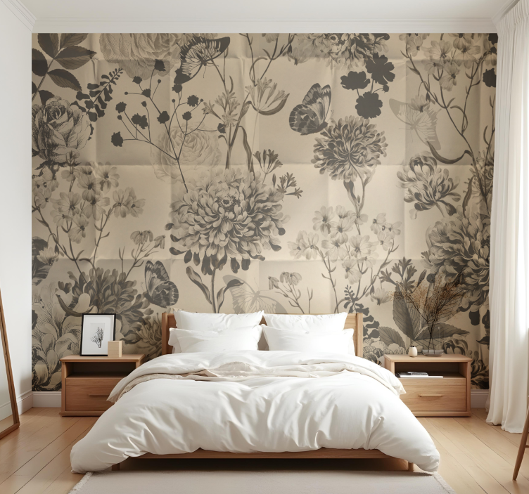 Beige bloemenmotief fotobehang hoofd slaapkamer - TenStickers