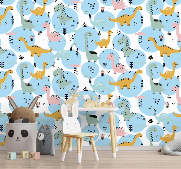 Blauw dinosauruspatroon foto behang babykamer - TenStickers