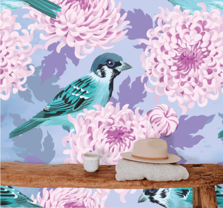 Bloemen foto behang blauwe vogel bloesems - TenStickers