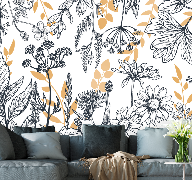 Bloemen foto behang botanische omlijning illustratie - TenStickers